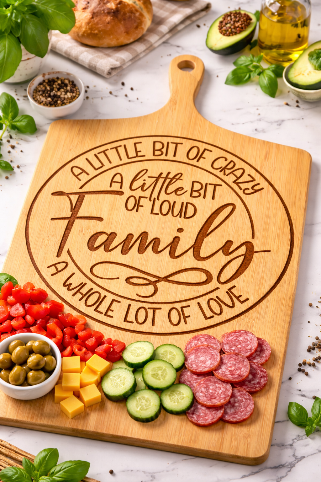 A Little Bit of Crazy” Engraved Bamboo Cutting Board – 17″ × 13