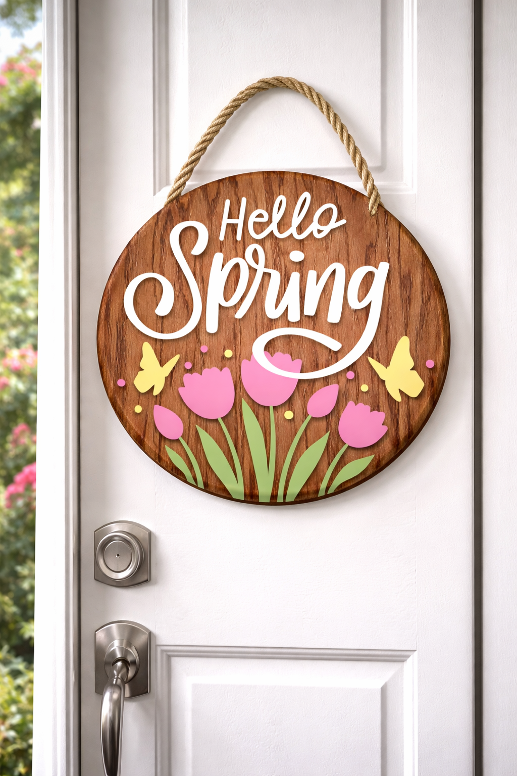 Hello Spring - Round Wood Door Hanger (14”)
