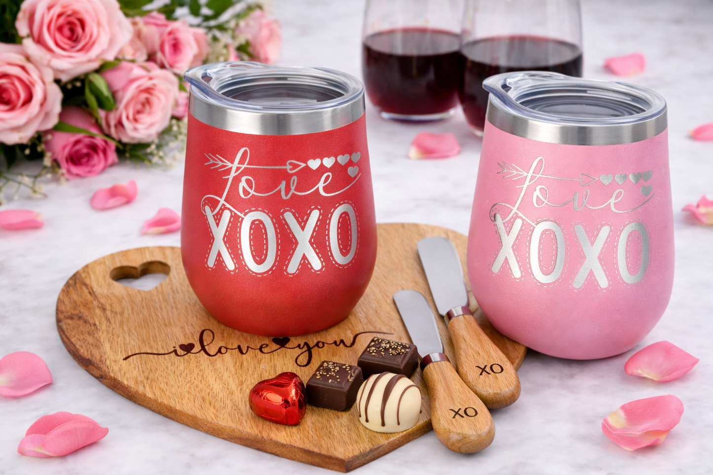 Love & XOXO — 12 oz Laser-Engraved Wine Tumbler (Pink or Red)