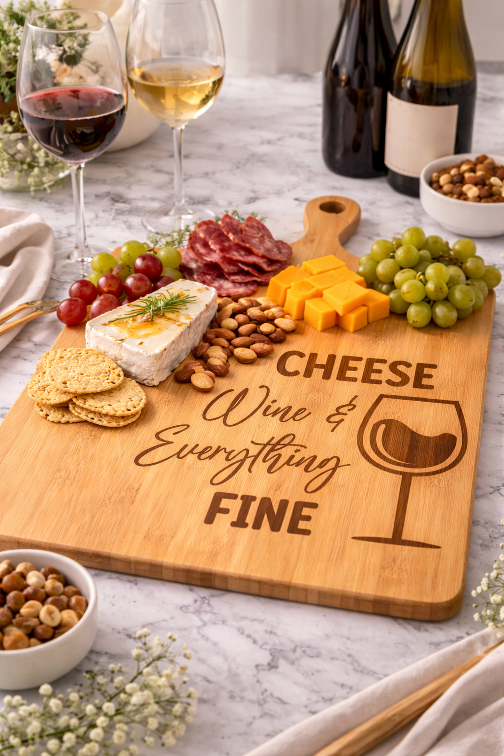 Cheese, Wine & Everything Fine” Engraved Bamboo Cutting Board – 17″ × 13