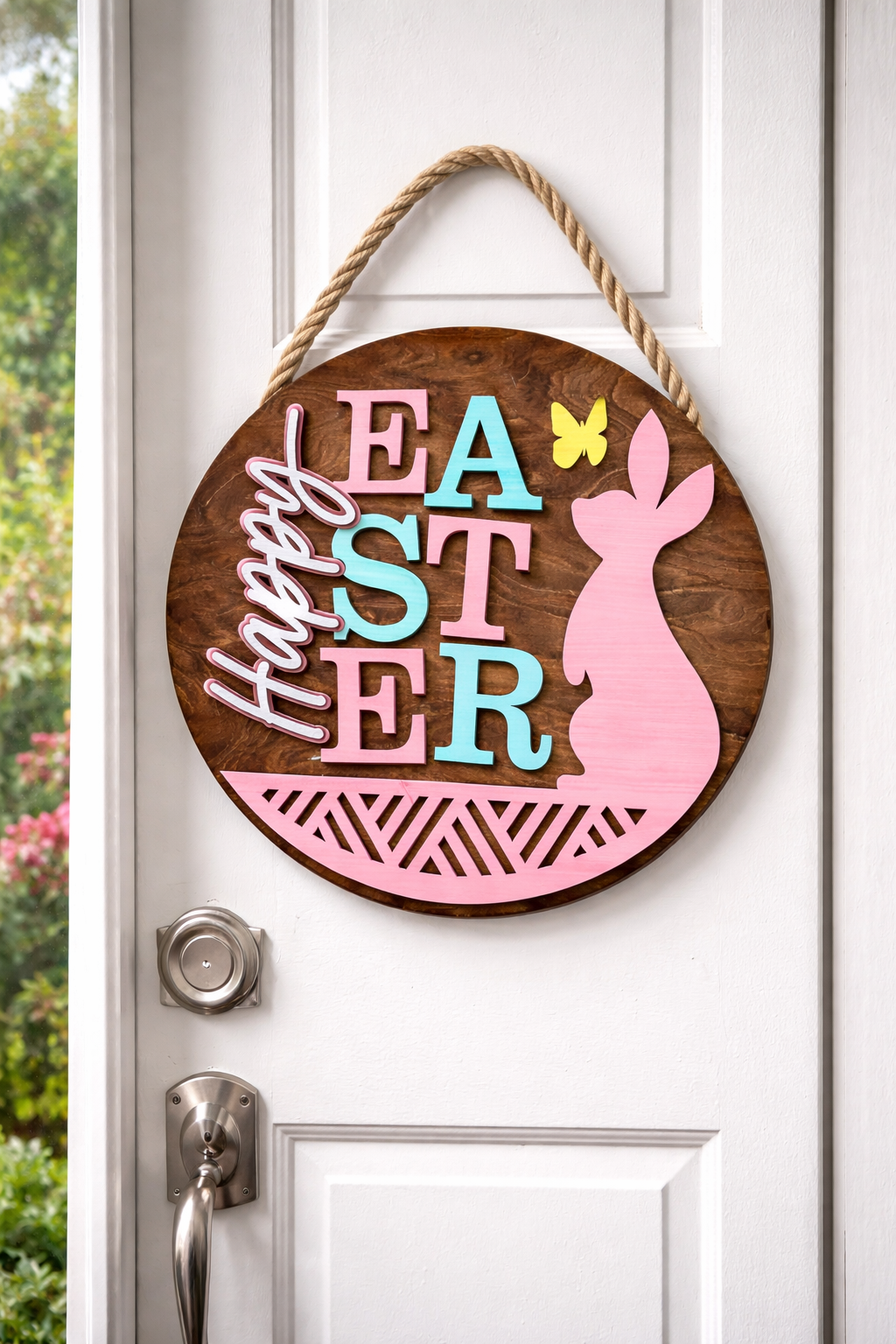 Easter Bunny - Happy Easter Round Wood Door Hanger (14”)