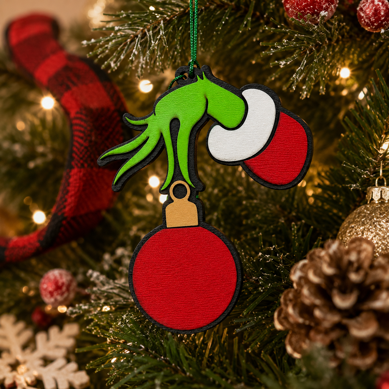 Grinch Hand Holding Ornament – Layered Wooden Christmas Ornament