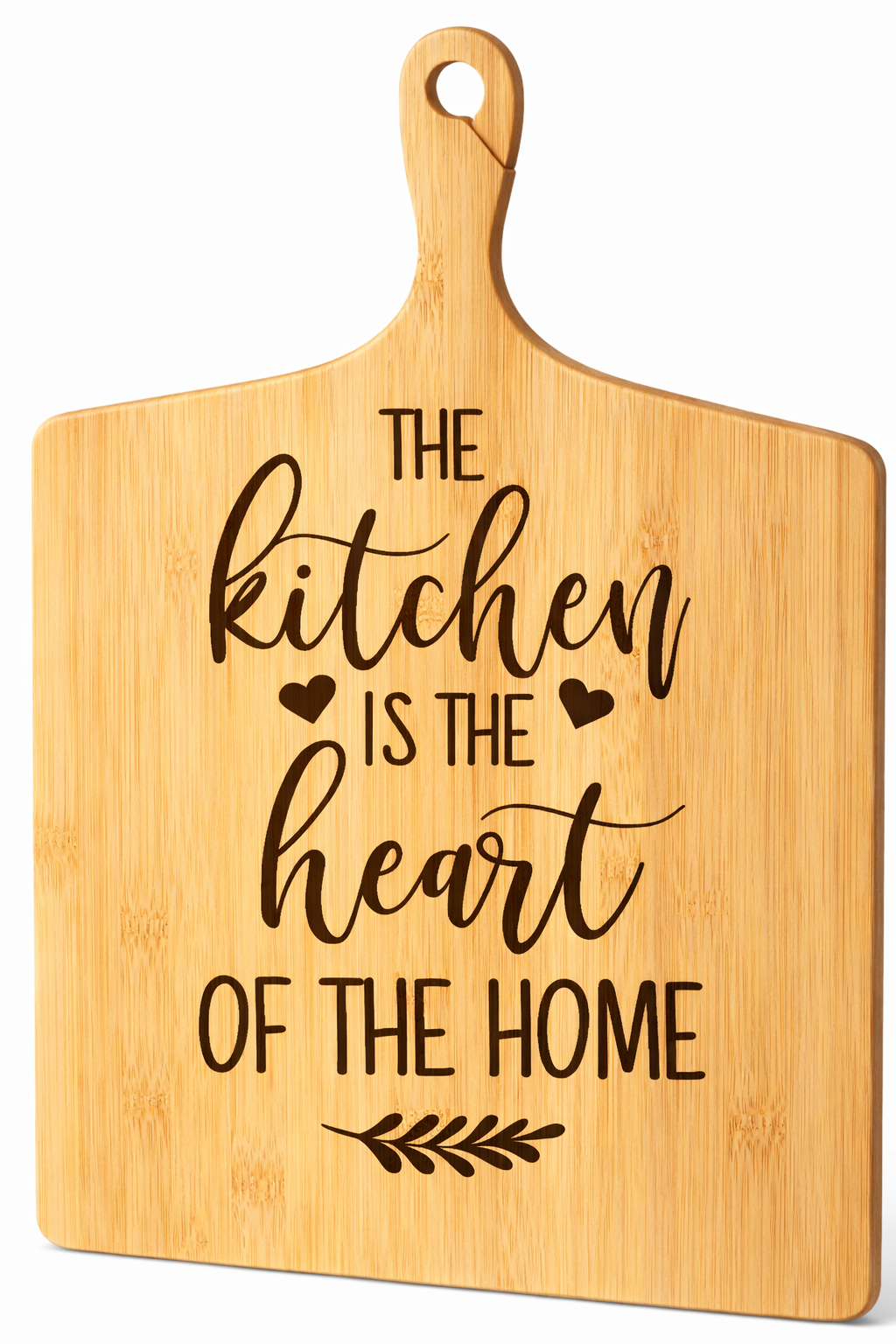 The Kitchen Is the Heart of the Home” Engraved Bamboo Cutting Board – 17″ × 13