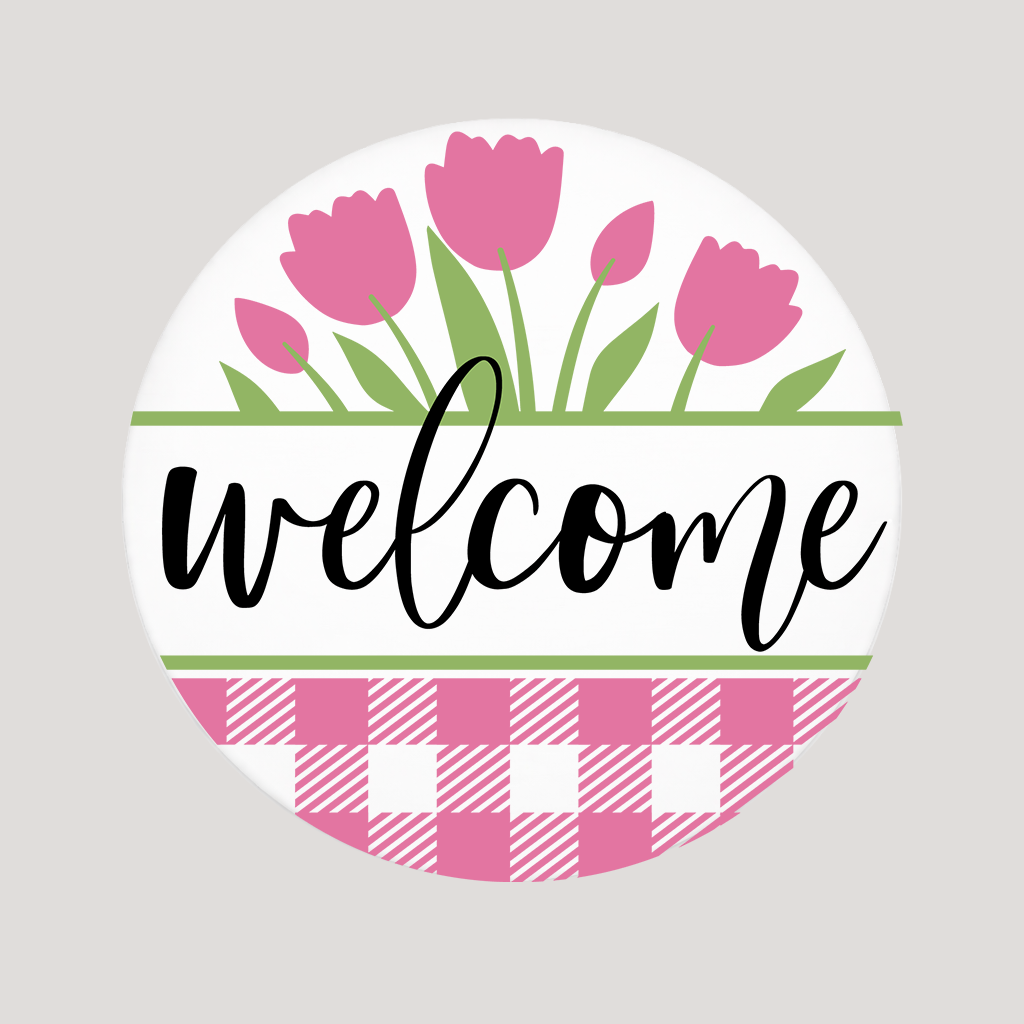 Round “Welcome” Door Hanger – Spring Tulip Plaid Design