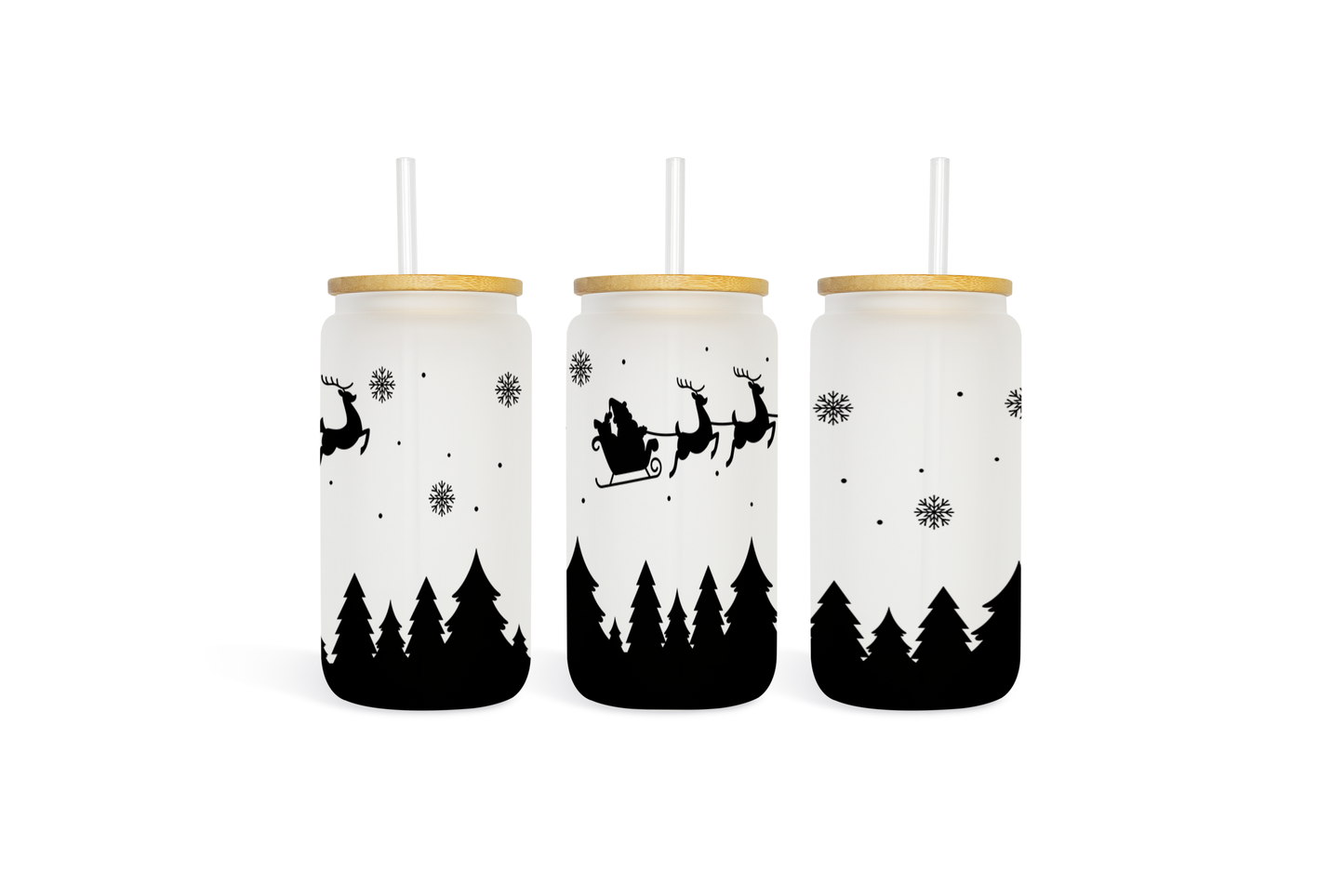 Santa Sleigh Ride with Bamboo Lid Glass Tumbler