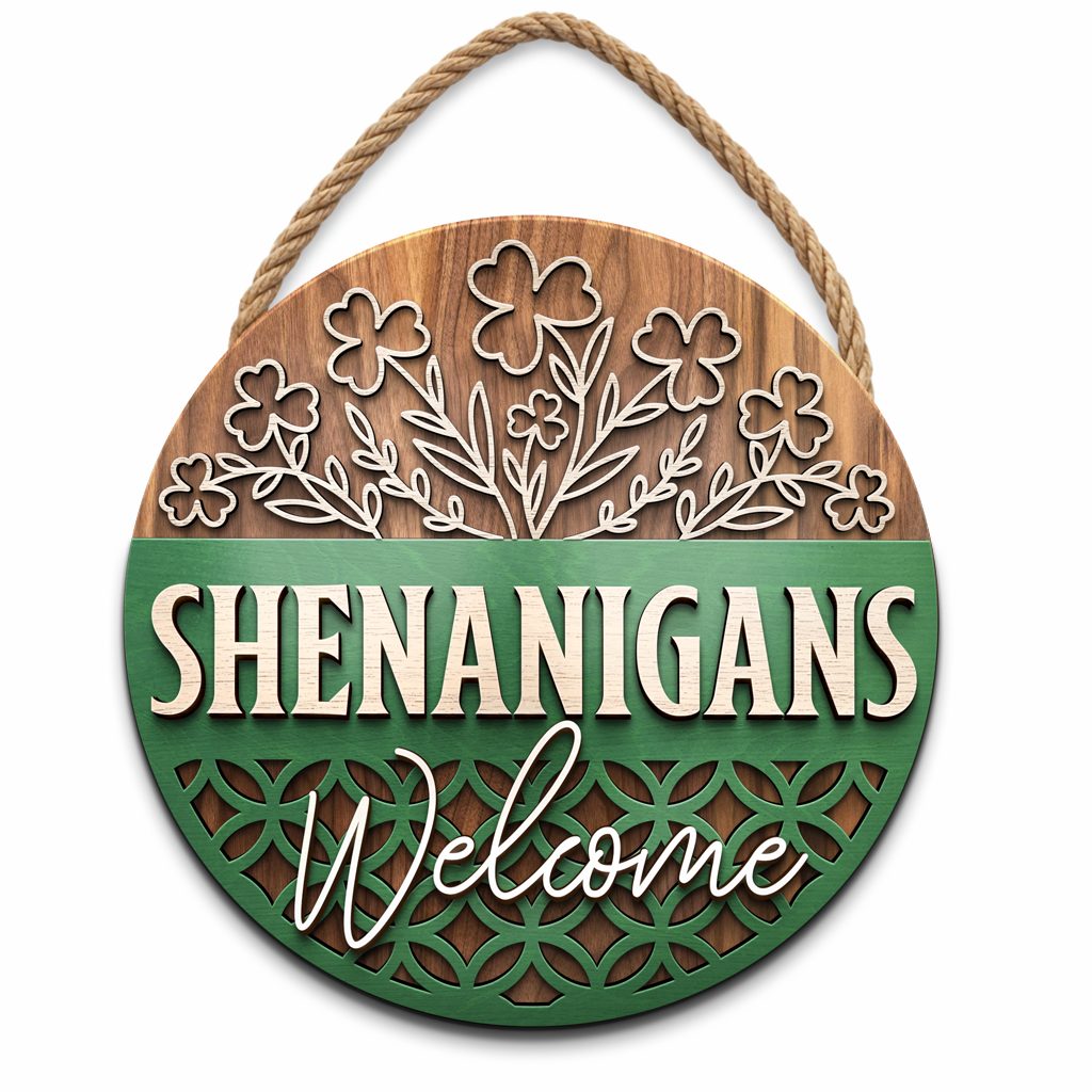 Shenanigans Welcome | Round Wood Door Hanger (14”)