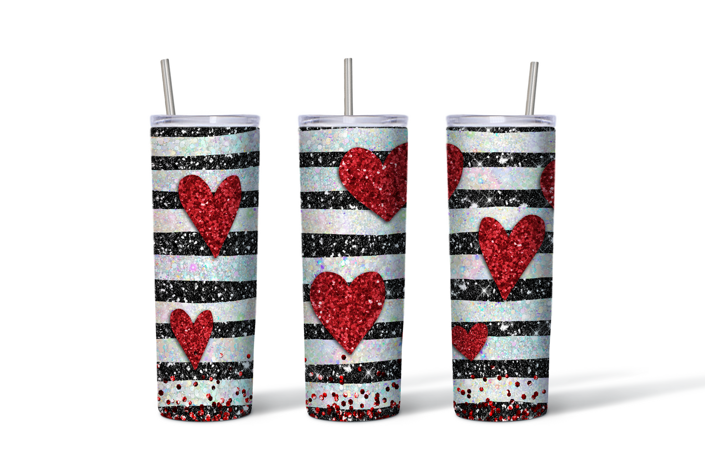 Red Glitter Hearts Stripe Valentine Tumbler - 20 oz. Stainless Steel