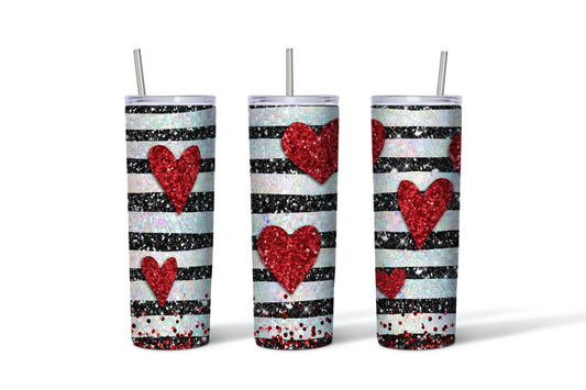 Red Glitter Hearts Stripe Valentine Tumbler - 20 oz. Stainless Steel