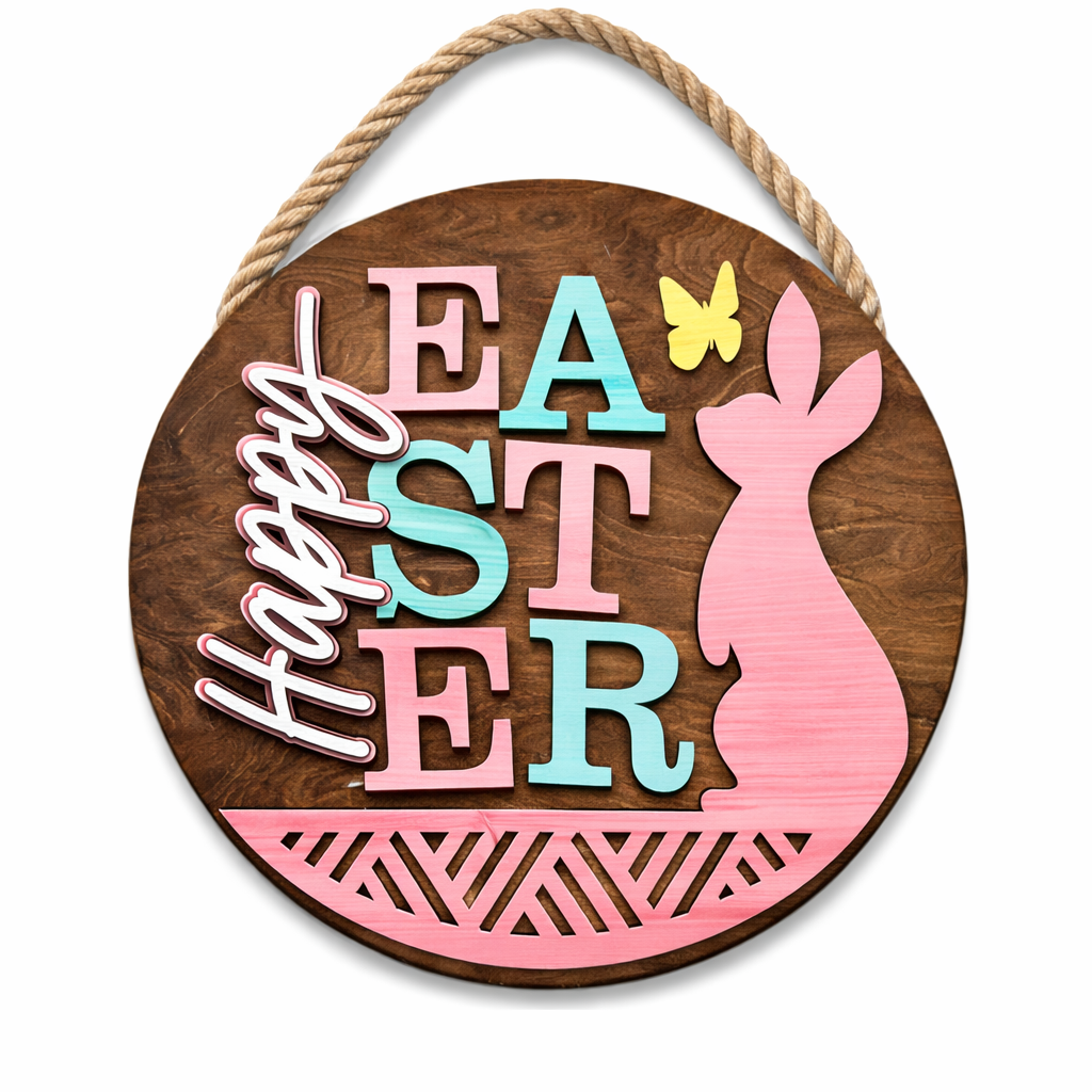 Easter Bunny - Happy Easter Round Wood Door Hanger (14”)
