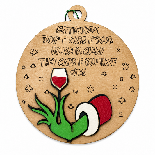 Best Friends & Wine Ornament – Layered Wooden Christmas Ornament