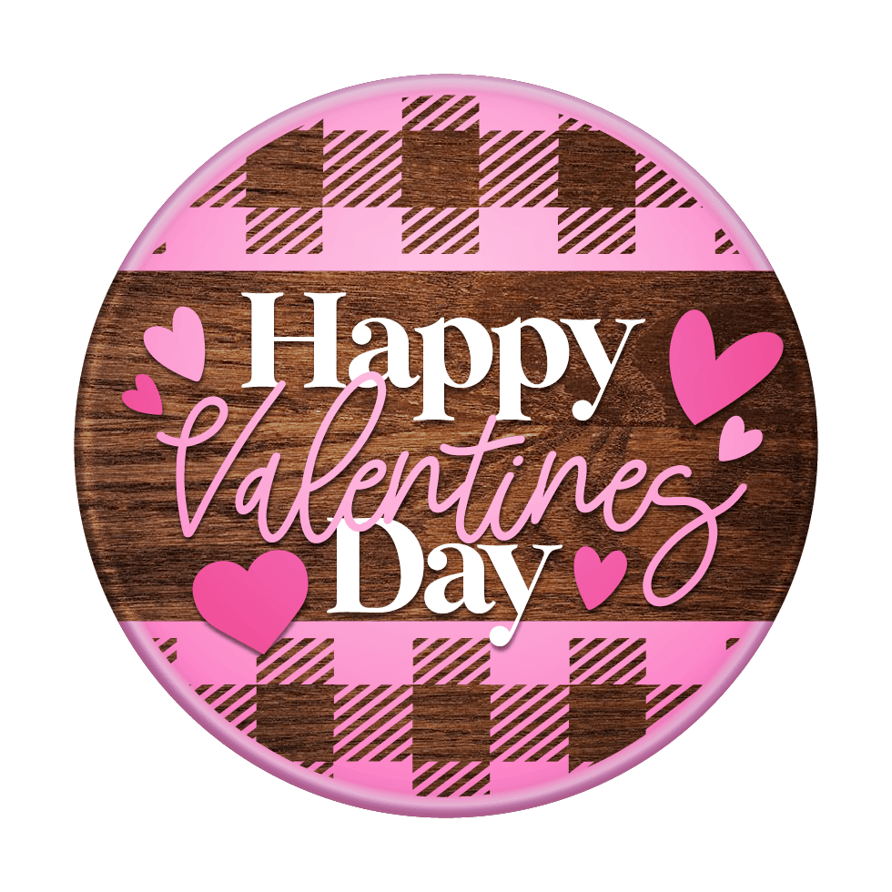 Happy Valentine’s Day Round Wood Door Hanger – Pink Plaid