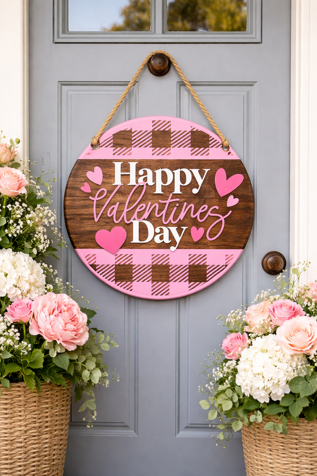 Happy Valentine’s Day Round Wood Door Hanger – Pink Plaid