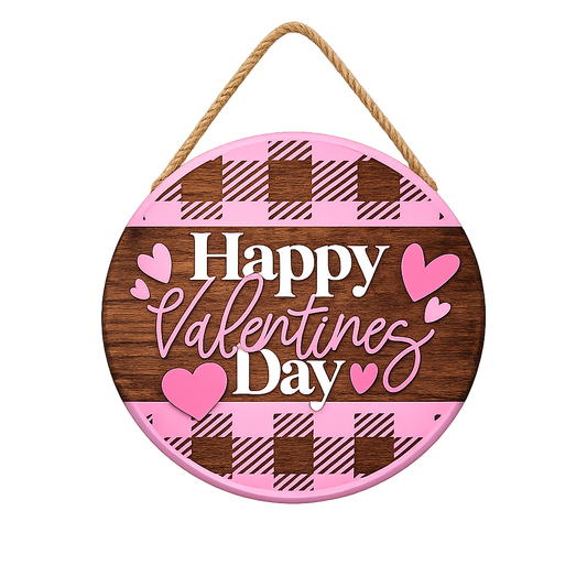 Happy Valentine’s Day Round Wood Door Hanger – Pink Plaid