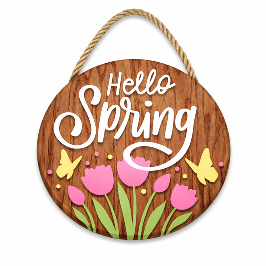 Hello Spring - Round Wood Door Hanger (14”)
