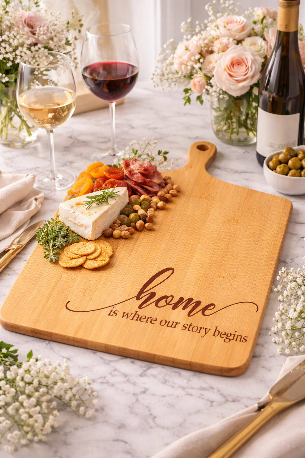 Home Is Where Our Story Begins” Engraved Bamboo Cutting Board – 17″ × 13
