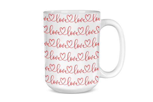 Love Script Pattern Mug - 15 oz. Heart Love White Mug