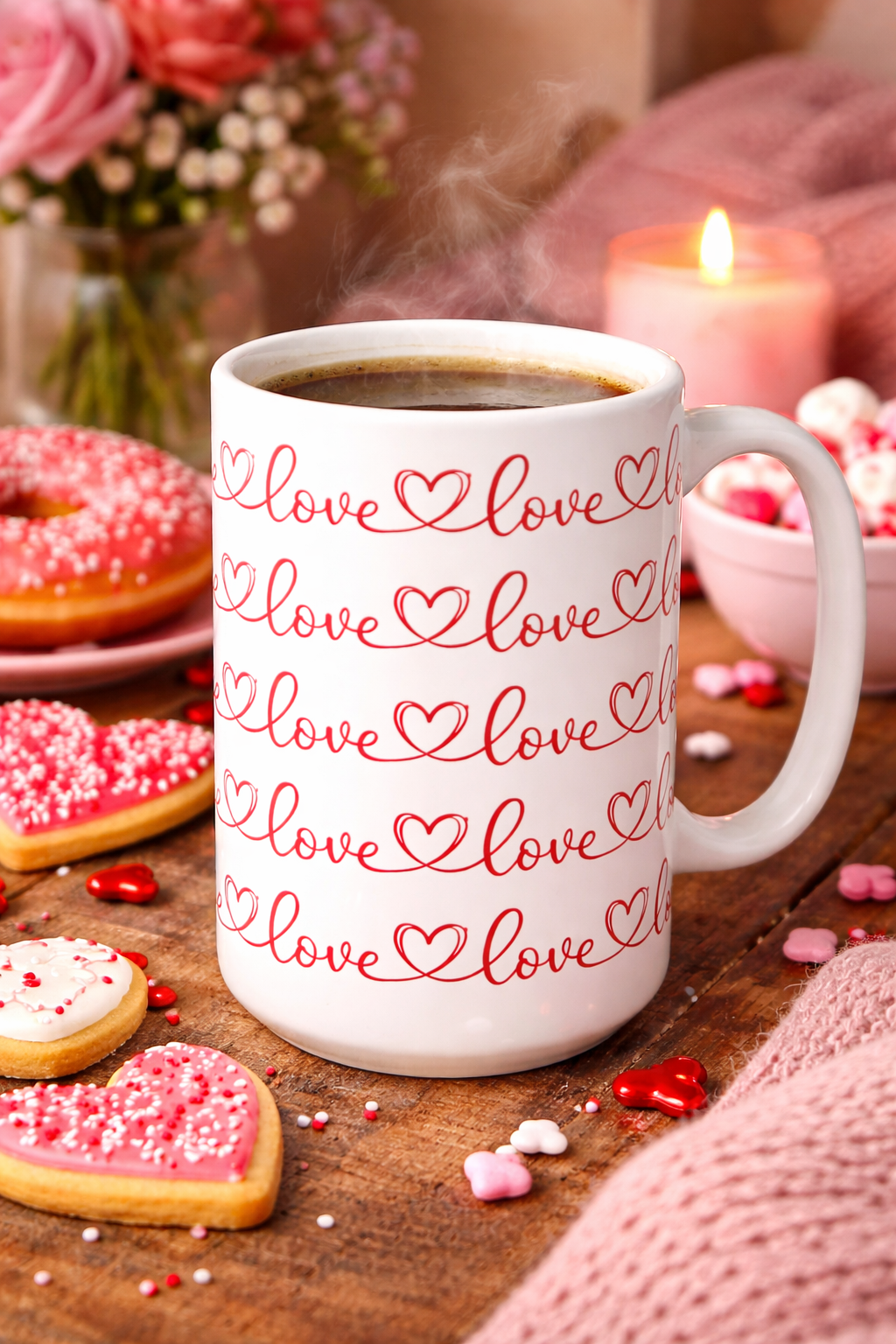 Love Script Pattern Mug - 15 oz. Heart Love White Mug