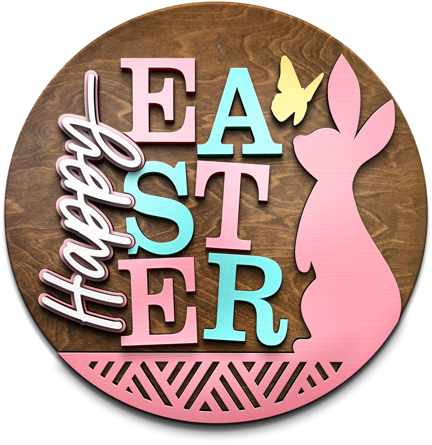 Easter Bunny - Happy Easter Round Wood Door Hanger (14”)