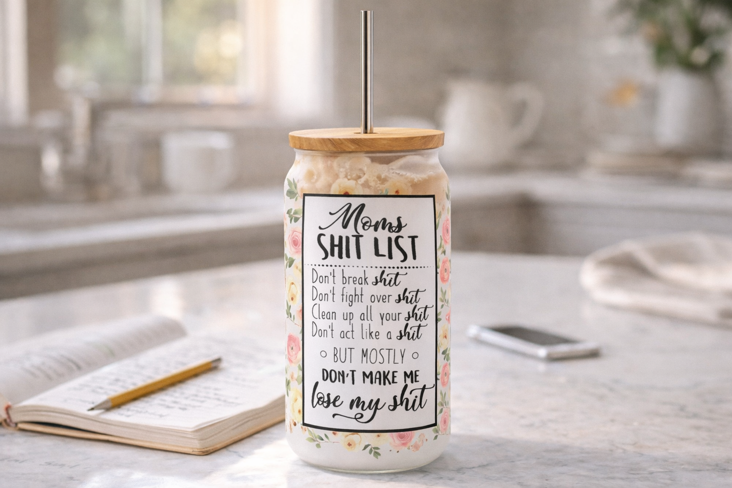 Snarky Mom List (Floral Design) 16 oz Glass Can Tumbler