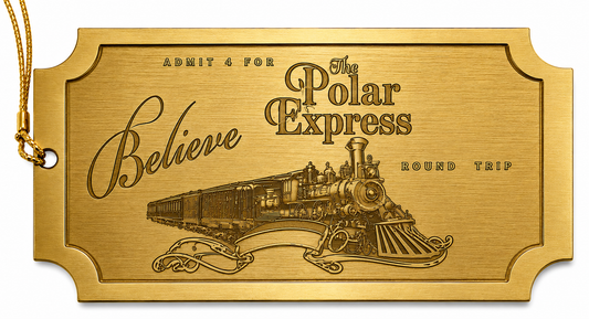 Believe Polar Express Ticket Ornament – Brushed Gold Metal Ornament
