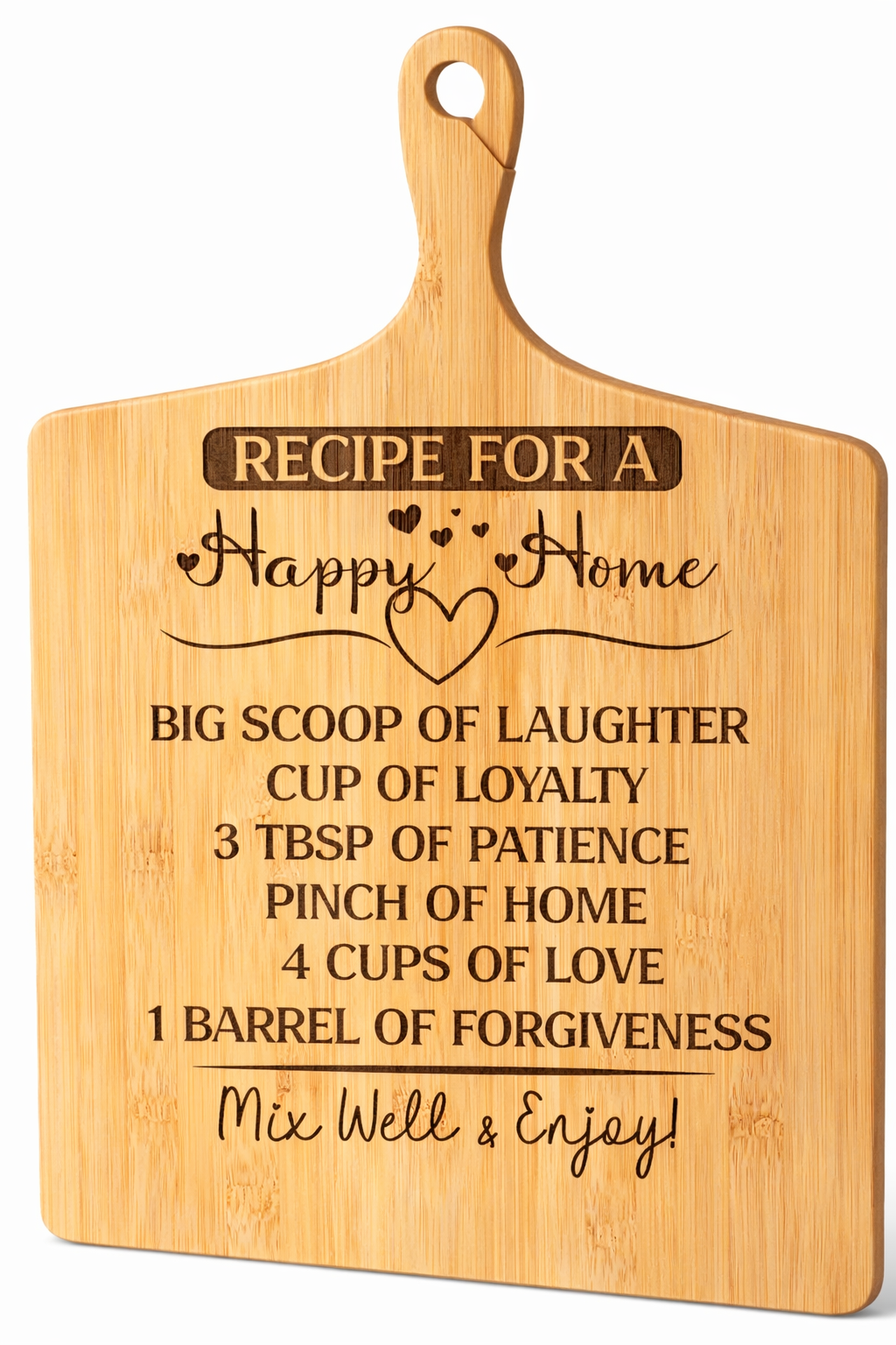 Recipe for a Happy Home” Engraved Bamboo Cutting Board – 17″ × 13