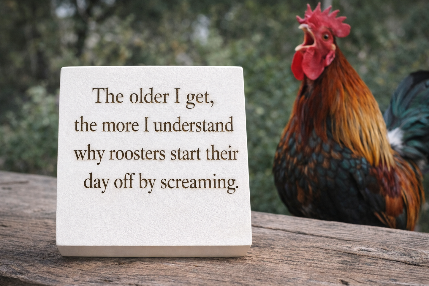 Roosters Reflections and Morning Thoughts- Funny Wood Block Signs – Snarky Shelf &amp; Desk Decor