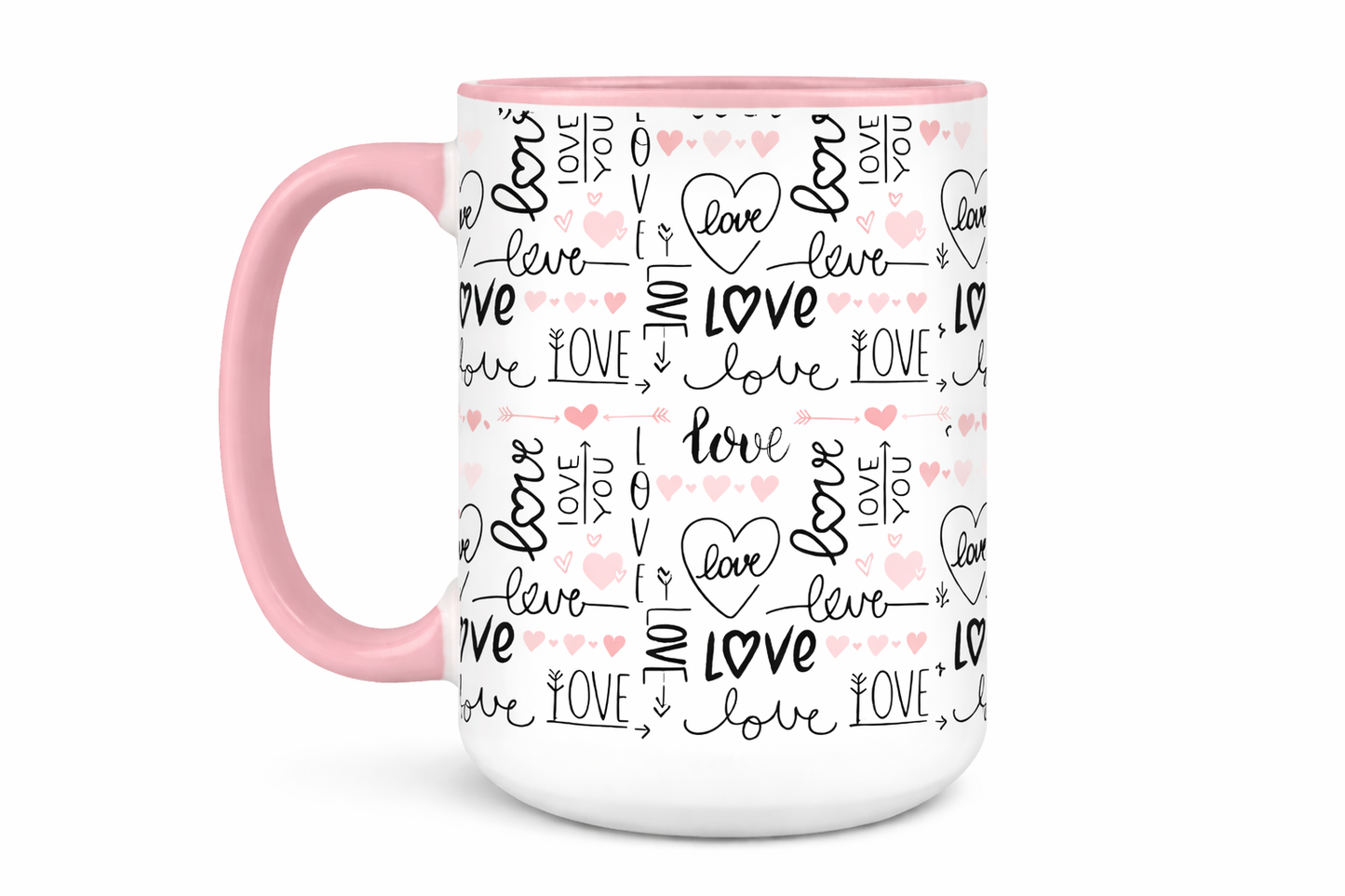 Sweetheart Scribbles Mug- 15 oz Ceramic Mug with Pink Hearts