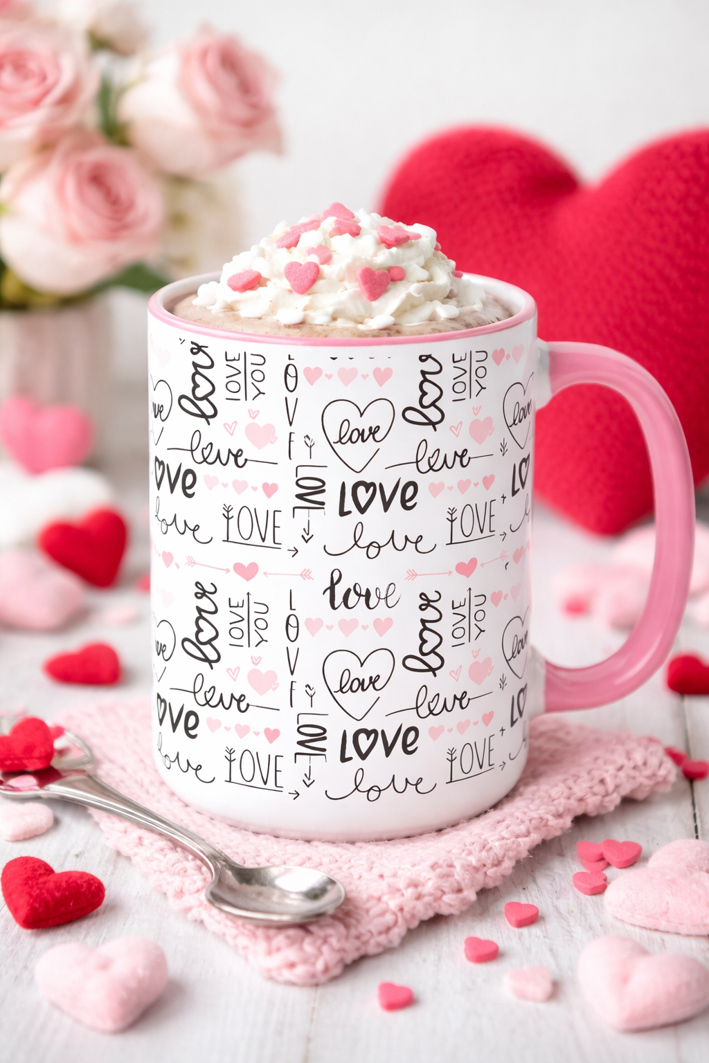 Sweetheart Scribbles Mug- 15 oz Ceramic Mug with Pink Hearts