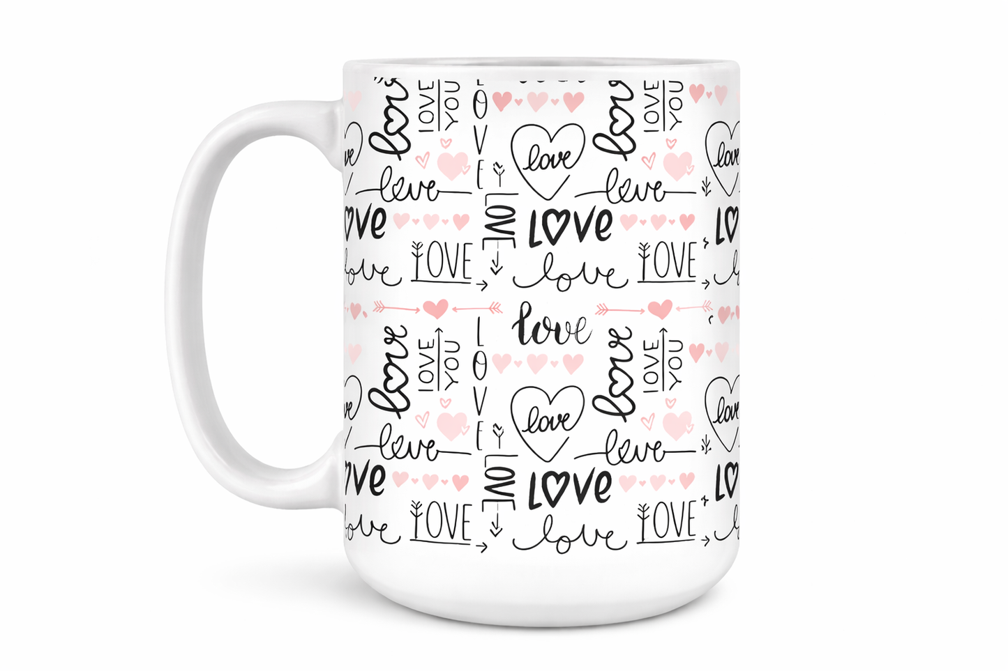 Sweetheart Scribbles Mug- 15 oz Ceramic Mug with Pink Hearts