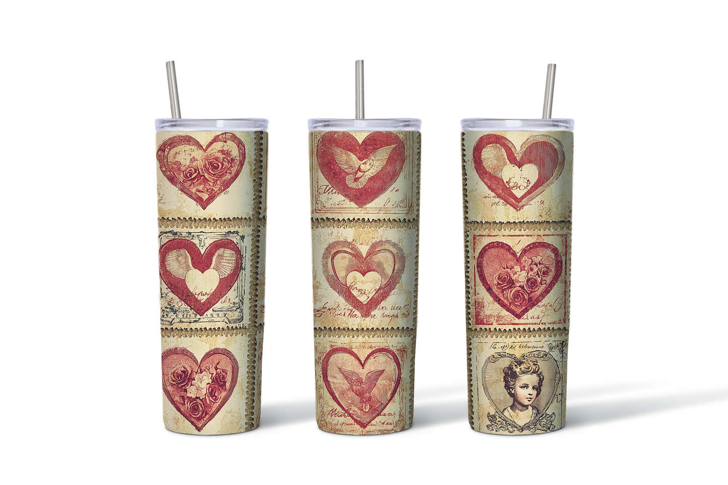 Vintage Valentine Stamp Tumblers – Set of 4 (20 oz)