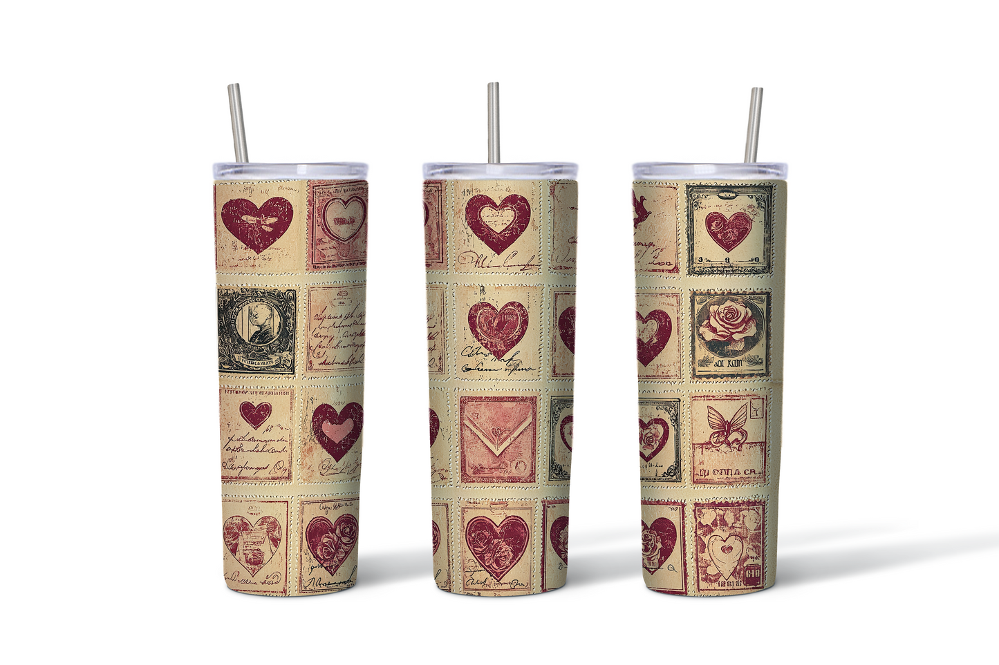 Vintage Valentine Stamp Tumblers – Set of 4 (20 oz)