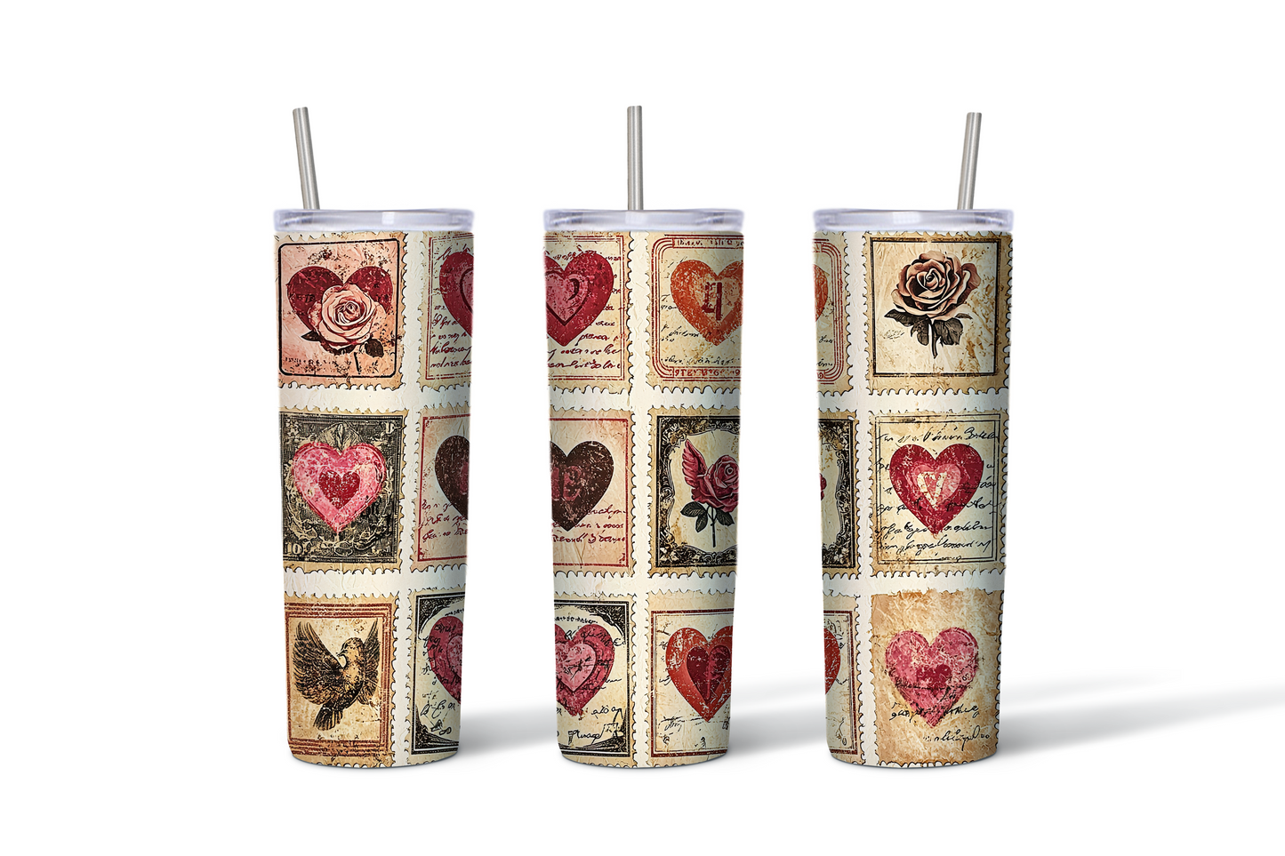 Vintage Valentine Stamp Tumblers – Set of 4 (20 oz)