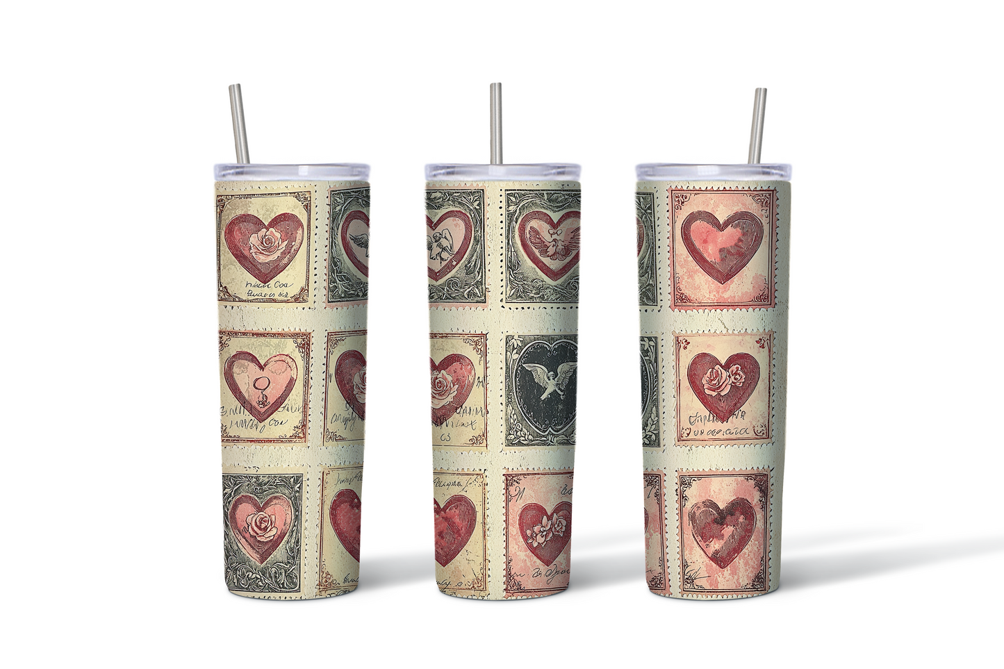 Vintage Valentine Stamp Tumblers – Set of 4 (20 oz)