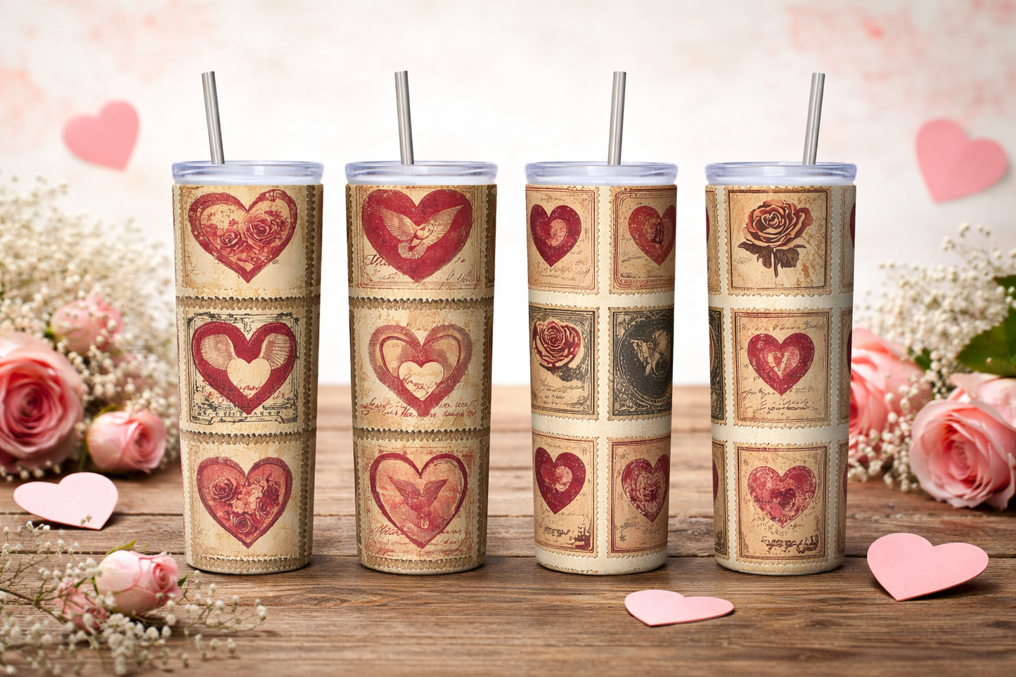 Vintage Valentine Stamp Tumblers – Set of 4 (20 oz)