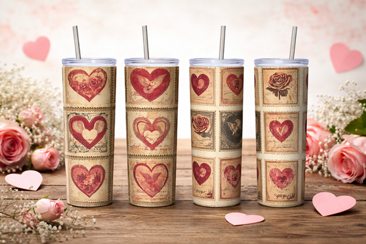 Vintage Valentine Stamp Tumblers – Set of 4 (20 oz)