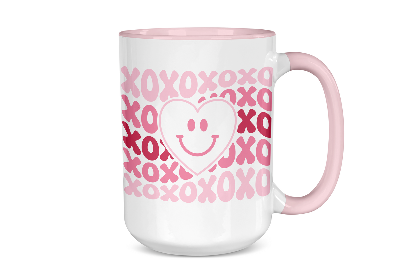 XOXO Retro Smiley Face Mug – 15 oz Pink Handle &amp; Rim