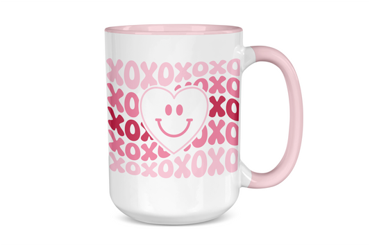 XOXO Retro Smiley Face Mug – 15 oz Pink Handle &amp; Rim