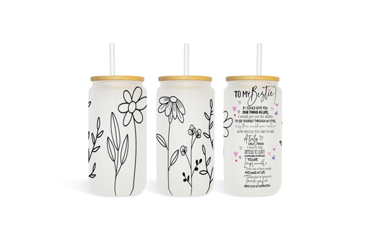 “To My Bestie” Frosted Glass Tumbler – With Bamboo Lid &amp; Glass Straw