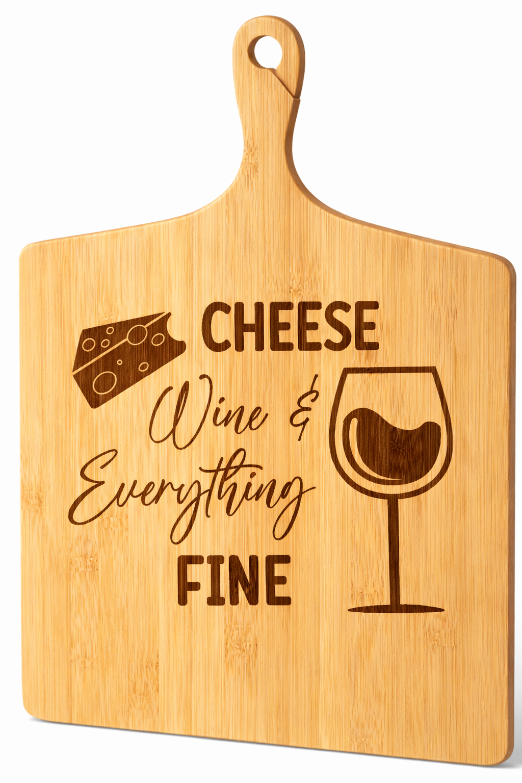 Cheese, Wine &amp; Everything Fine” Engraved Bamboo Cutting Board – 17″ × 13
