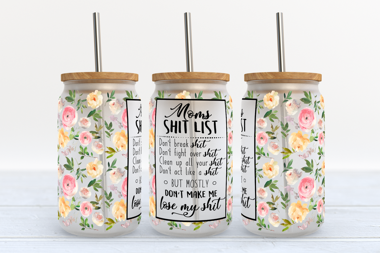 Snarky Mom List (Floral Design) 16 oz Glass Can Tumbler