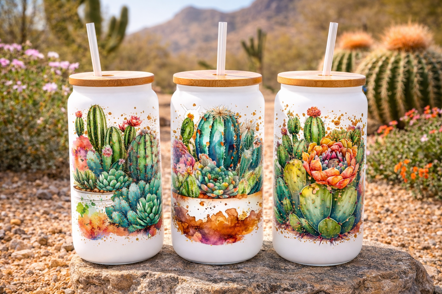 Desert Gold Cactus – 16 oz Glass WHITE Tumbler