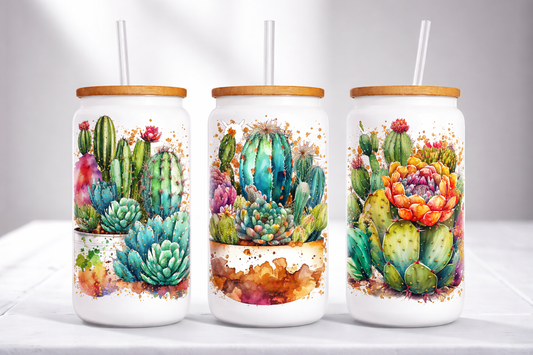 Desert Gold Cactus – 16 oz Glass WHITE Tumbler