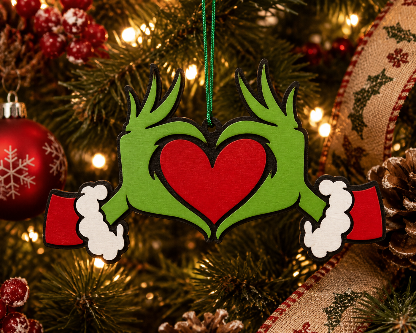 Grinch Heart Hands Ornament – Layered Wooden Christmas Ornament