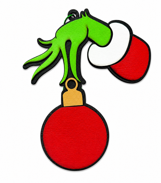 Grinch Hand Holding Ornament – Layered Wooden Christmas Ornament