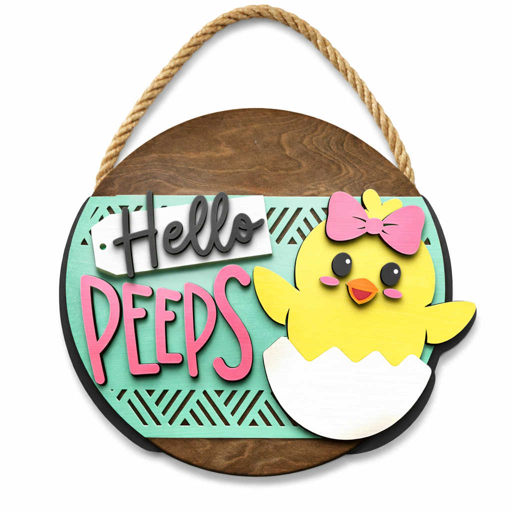 Hello Peeps - Easter Round Wood Door Hanger (14”)