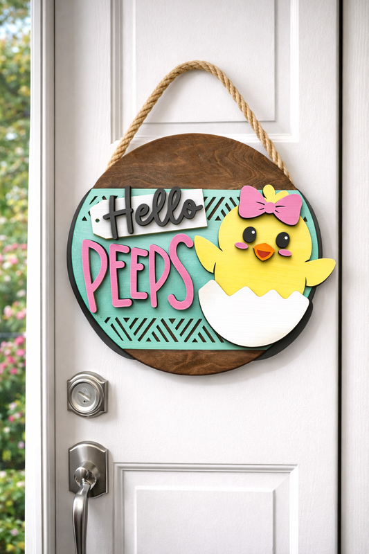 Hello Peeps - Easter Round Wood Door Hanger (14”)