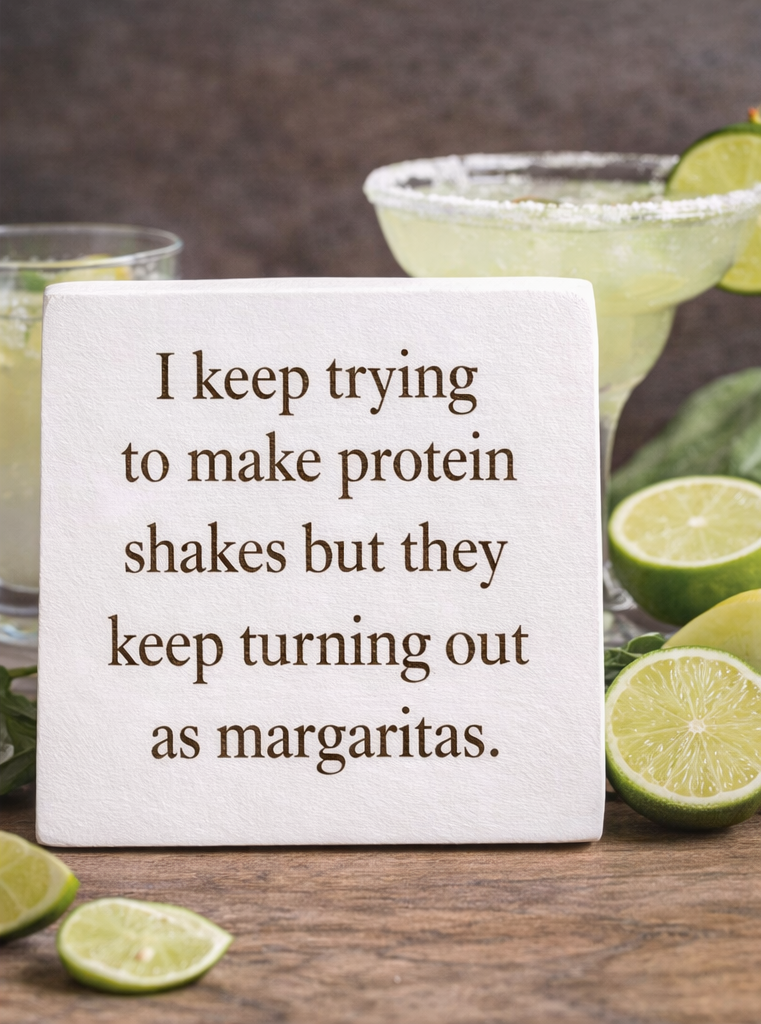Margaritas or Protein Shakes - Funny Wood Block Signs – Snarky Shelf &amp; Desk Decor