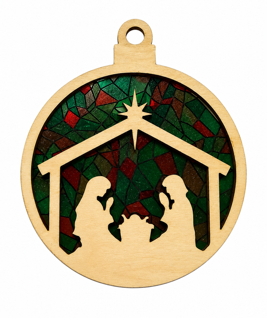 Nativity Stained Glass Ornament – Layered Wooden Christmas Ornament