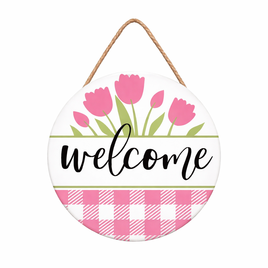 Round “Welcome” Door Hanger – Spring Tulip Plaid Design
