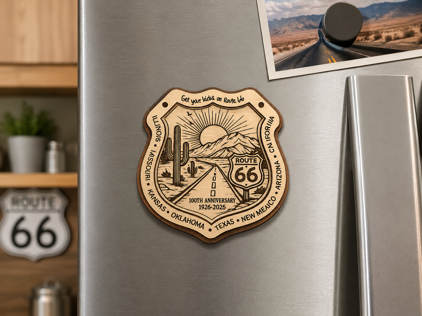 Route 66 100-Year Commemorative Wooden Magnet